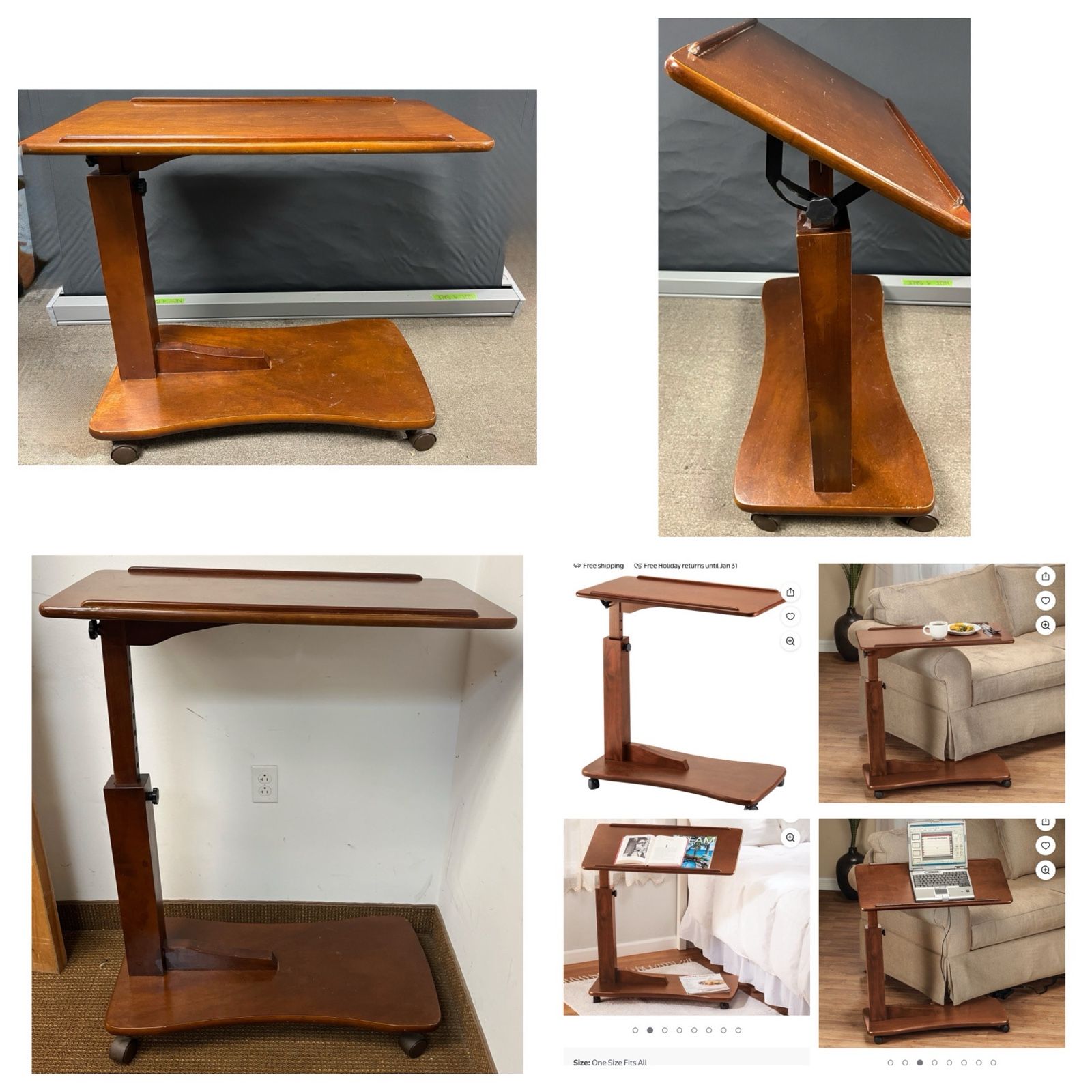 Over bed adjustable height rolling table. Side Accent Table, Standing laptop desk. Adjustable C Shape, Raised Rim.   