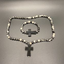 Black and White Bead Necklace and Bracelet with Black Cross