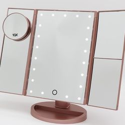 Brand New Rose Gold Trifold Vanity Mirror. 21 LEDs, touchscreen, foldable for flawless makeup anywhere!