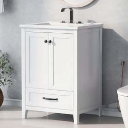 24 in. W Freestanding Bath Vanity in White with White Ceramic Top, Bathroom Vanity Cabinet with One Drawer and Doors