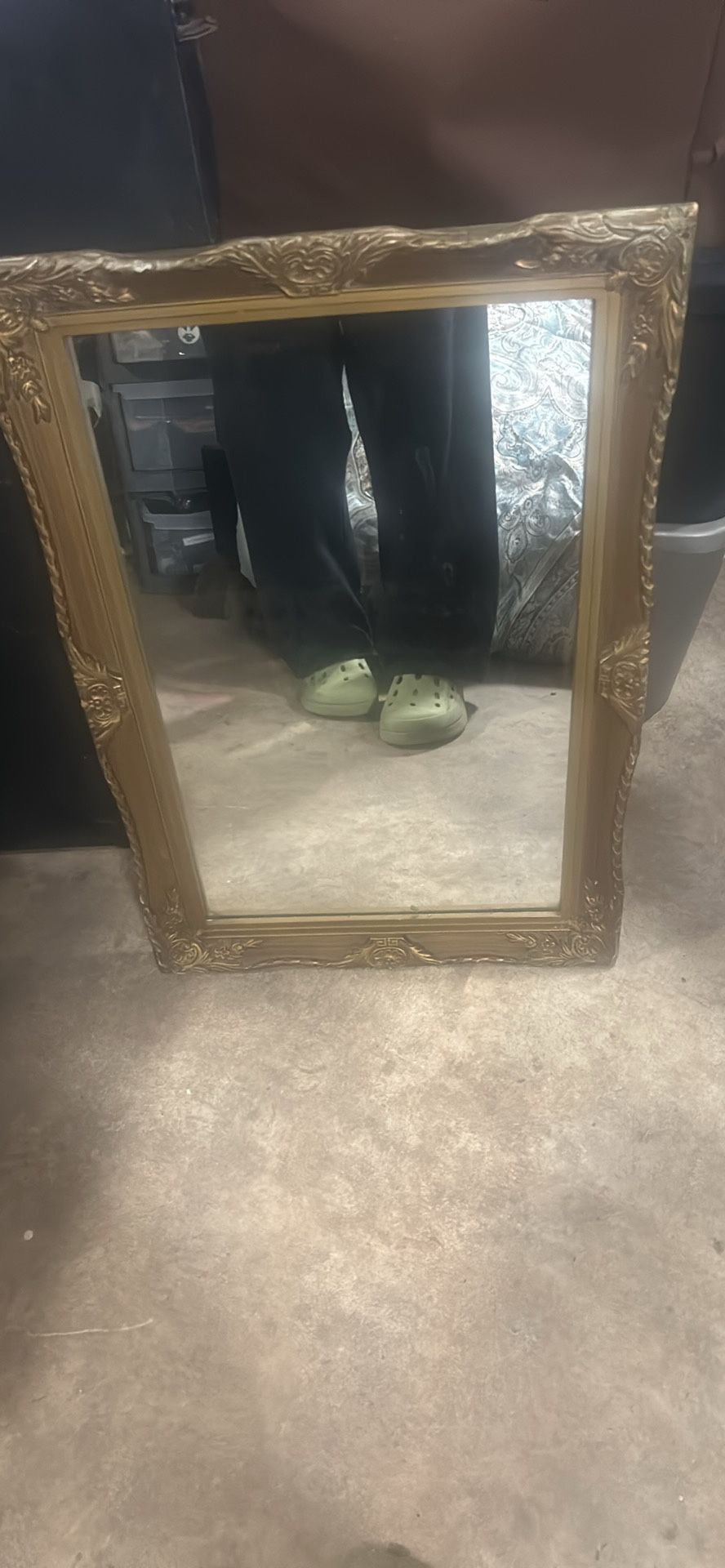 Vintage 70s Gold Framed Mirror. The Golden Color Gives Off Old Place Vibes All Around Aesthetically Pleasing And Can Be Used In Many Different Interio