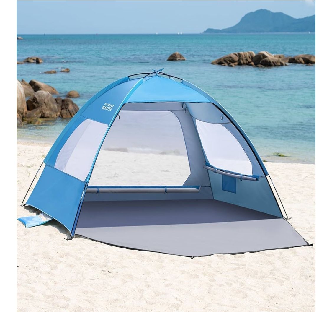 OutdoorMaster 3/4 Person Beach Tent, Easy-Set-Up Sun Shade Shelter, Portable Beach Awning with UPF 50+ UV Protection, Removable Skylight, Family Size