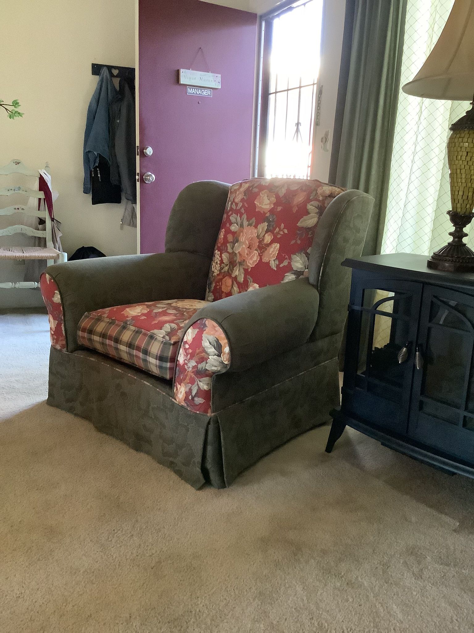 Vintage chair, red and green plaid and floral