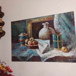 XL 36" VINTAGE SIGNED P. LEBRUN STILL LIFE CANVAS PAINTING FRUIT BOWL ACRYLIC PICTURE ART PLAQUE