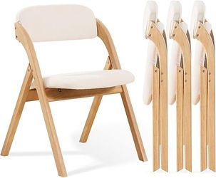 4-Pack Folding Chairs with Cushion, Linen Padded Foldable Chairs, Raw Wooden Folding Dining Chairs,
