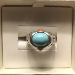 Beautiful Sterling Silver (925) Turquoise And Coral Ring Size 7