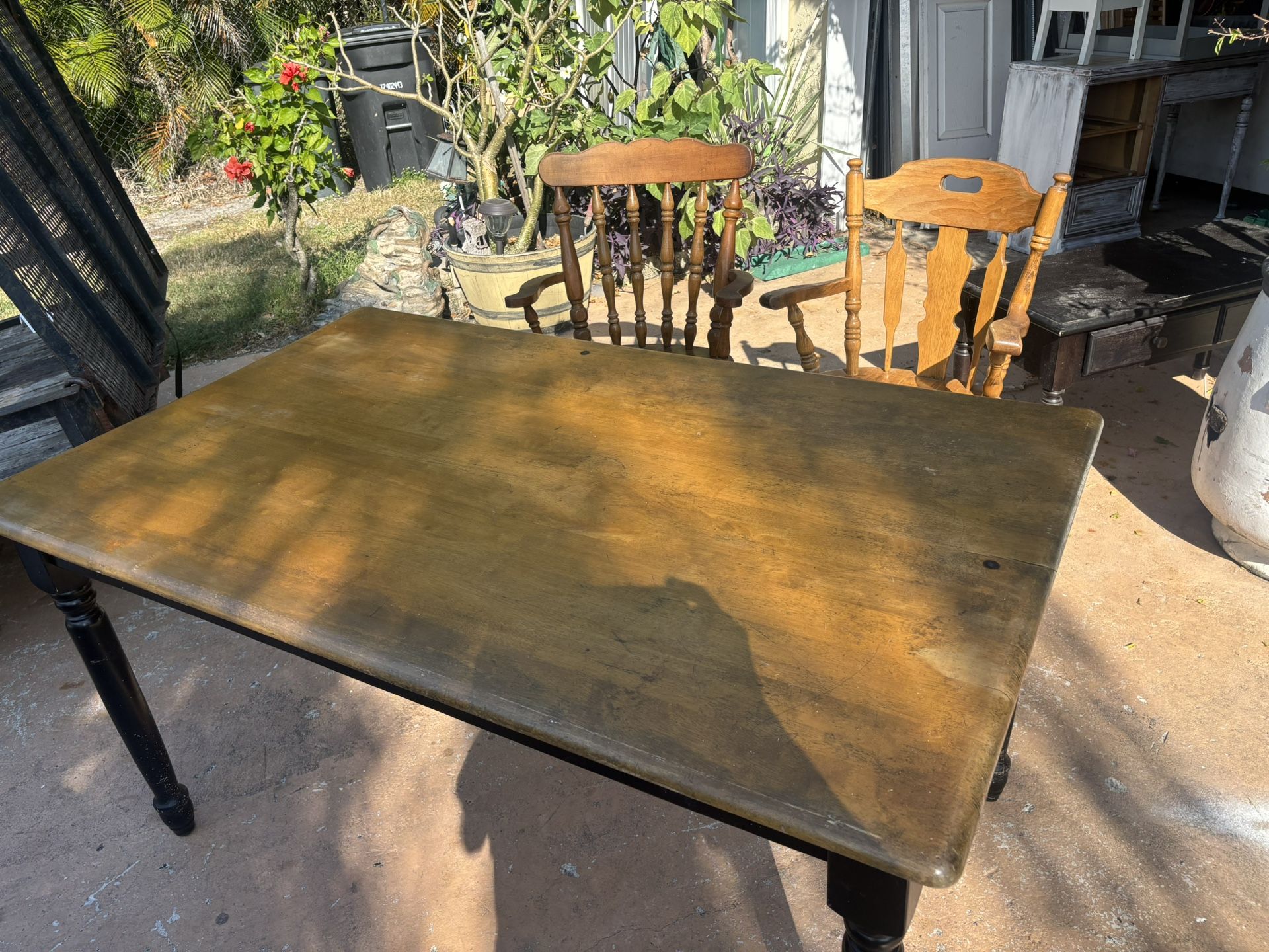 Hard Wood Top Table  W/ 2 Hard Chairs. ( Non Matching)