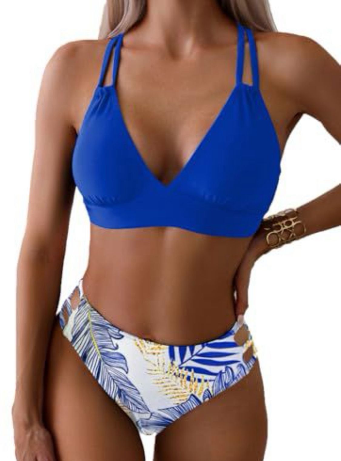 Tainehs Women's Push Up V Neck Bikini Sets Criss Cross Back Two Piece Bathing Suit Blue Floral size xs