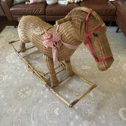 Antique MCM Oversized Wicker Rocking Horse 