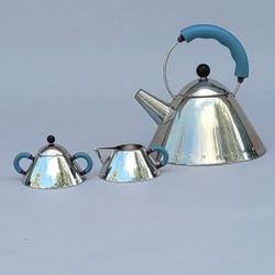 Vintage Michael Graves Mid Century 1980's Alessi Teapot Kettle Creamer Sugar Bowl Induction Stainless Steel Made In Italy