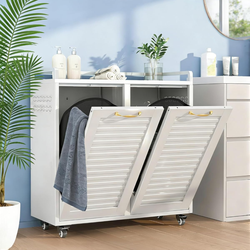 Double Tilt Out Laundry Hamper Cabinet, Locking Caster Metal Frame, Waterproof Rustproof Iron, Space-Saving Hidden Hamper, 33Gal 2-Compartment, Tilt O