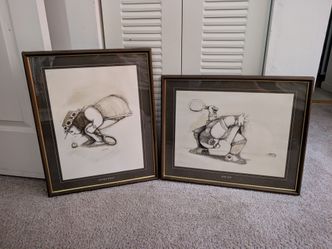 Vintage Paterson Tennis Humor  "Double Fault" & "Add Out" 17"x21" Framed Print Set