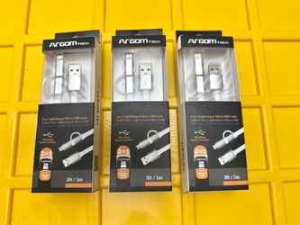Lot of 3 - ArgomTech 2-in-1 Lightning & Micro USB Charging Cables (3ft / 1m) - Brand New