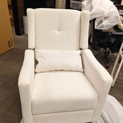 Upholstered Recliner Swivel Glider Nursery Chair Reclining Performance Fabric Rocker with Wood Base,Boucle,Ivory
