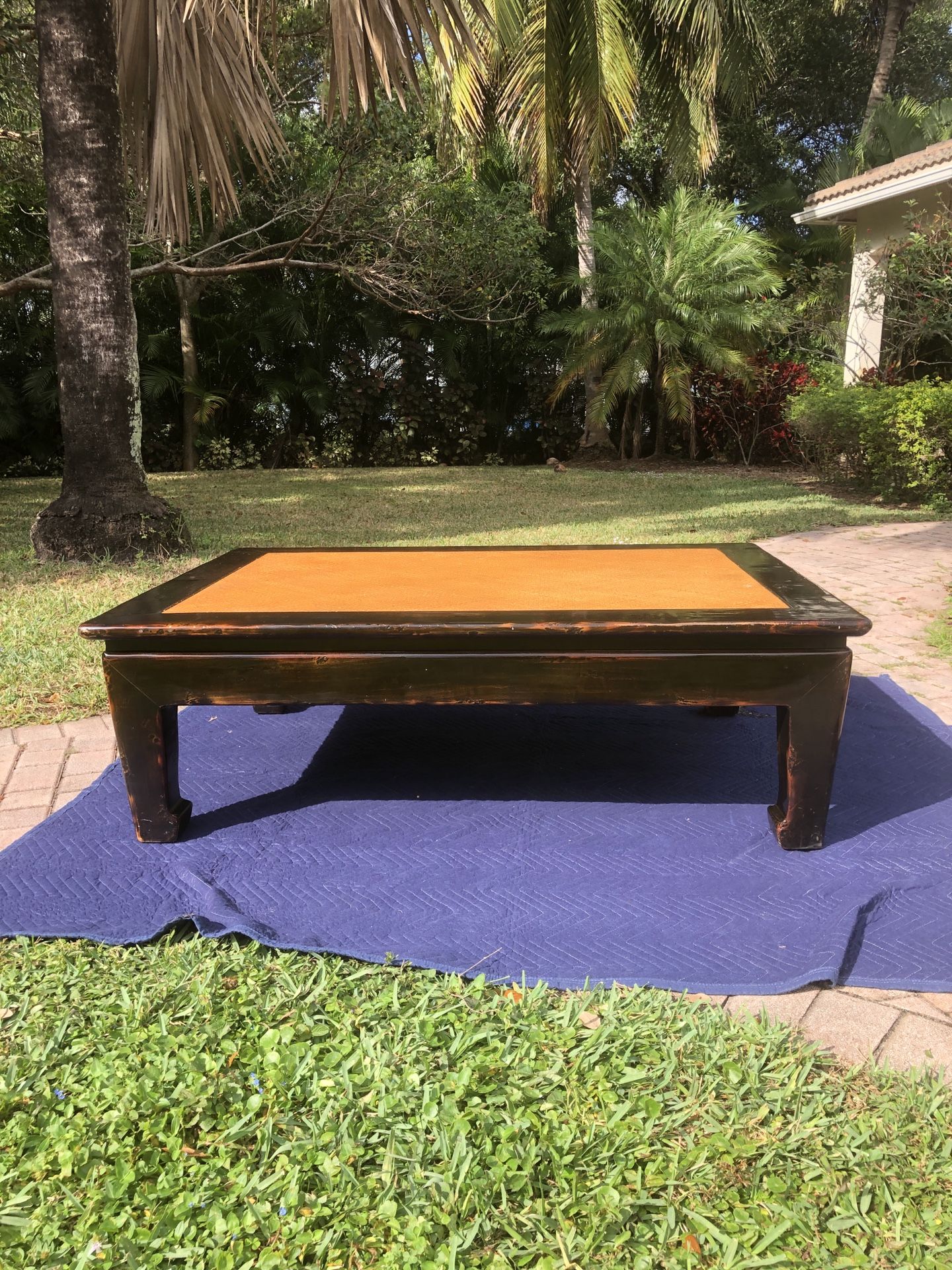 Mid Century Ming Dynasty Asian Style Coffee Table In Elm & Seagrass Rattan Top