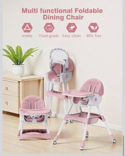 R3) 4 in 1 Convertible High Chair, Portable High Chair for Travel with Adjustable Height and Back, Foldable HighChair with Wheels & Pu Cushion pink co
