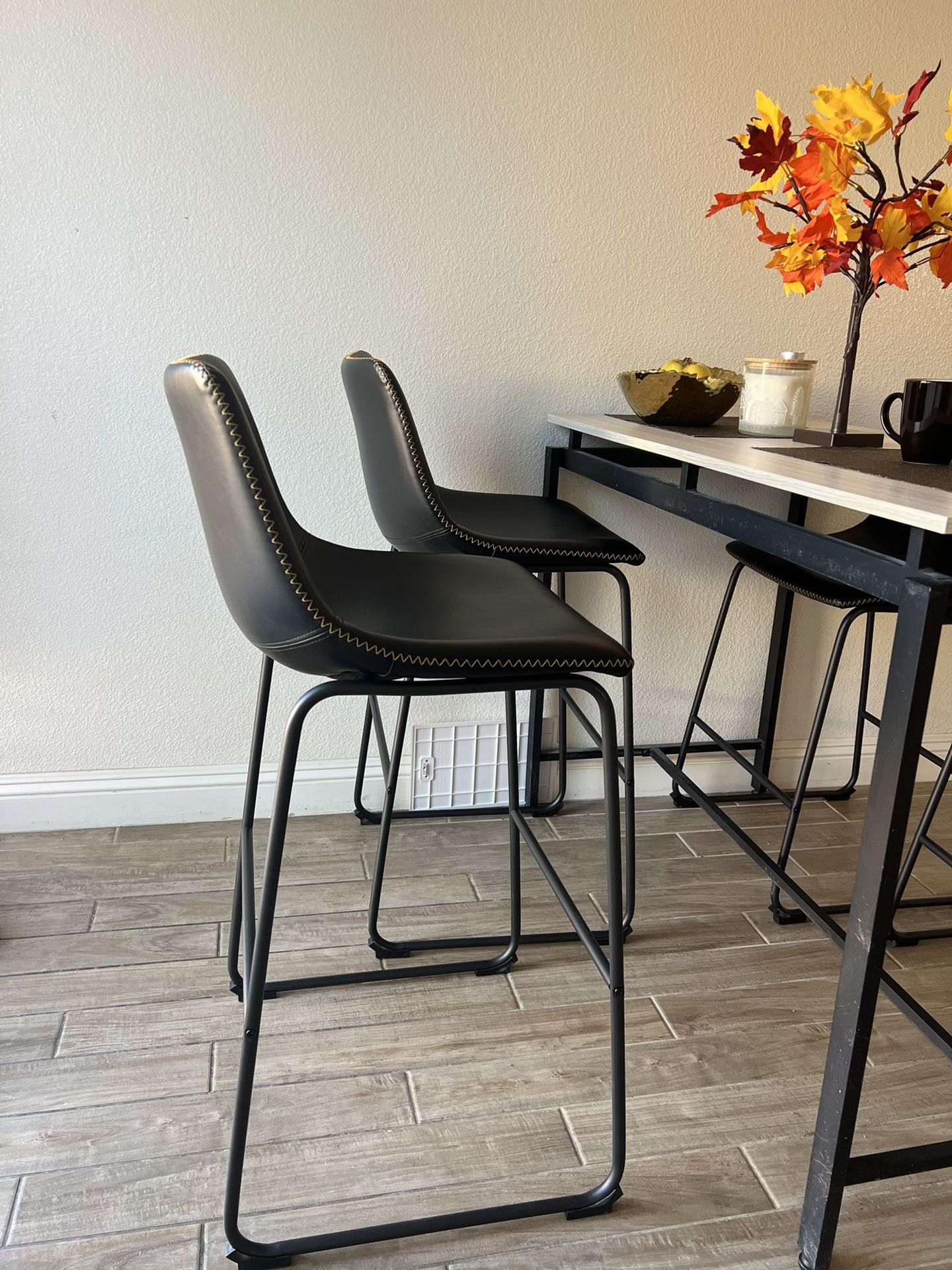 New Counter Height Bar Stools Set of 2, Modern Faux Leather High Barstools with Back and Metal 