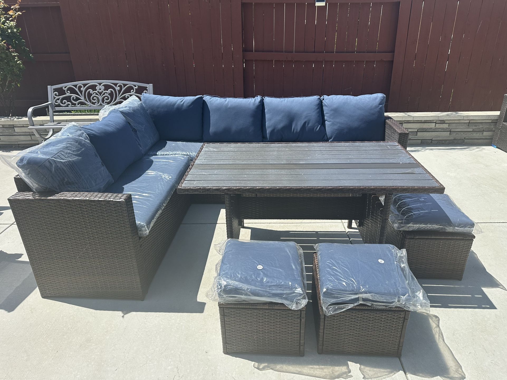 Brand new 7 Piece High Curved Back Outdoor Dining Sectional Sofa with Dining Table and Chair
