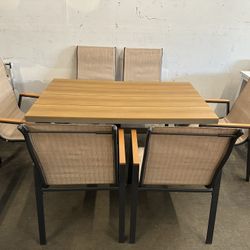  Brand New 59” w 7 piece Outdoor patio dining set Aluminum base table and stackable chairs  