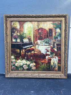 Large Hand Painted Oil Painting Grand Piano Floral Interior Scene 59”x59”