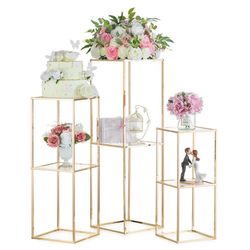 NUPTIO Gold Flower Stand for Centerpieces: 3 Pcs 23.6", 31.5" & 39.4" 2-Layer Tall Stand Pedestal Table with Acrylic Panel Metal Floor Vases Cylinder 