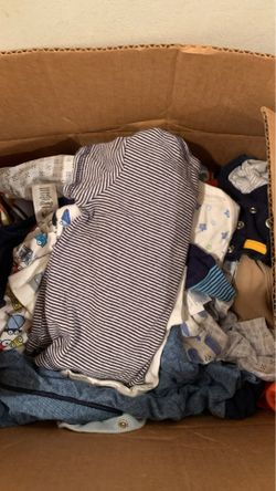 Box full of baby boy clothes mixed sizes