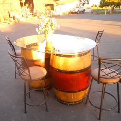 UNIQUE DOOUBLE WINE BARREL PUB TABLE and 4 STOOLS 