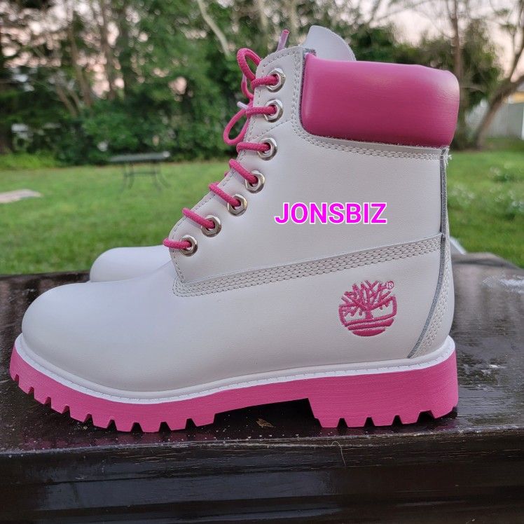 Timberland Boots Custom White Waterproof Hot Pink Size 7.5