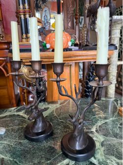 Antique bronze marble base Deers candlestick holders