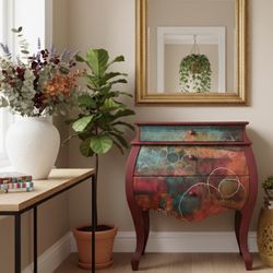 Colorful French Provincial Bombé Chest of Drawers Hand Decorated Accent Side Table Nightstand