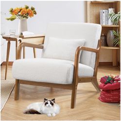 Mid Century Accent Chair Living Room Chair Modern Sherpa Reading Armchair with Waist Cushion and Solid Wood Frame for Bedroom Balcony, Ivory