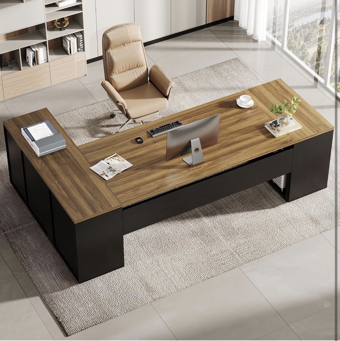 Tribesigns 85.8-Inch L-Shaped Executive Desk, Extra Large Modern Office Desk with File Drawers, Door Cabinet & Shelves, Commercial Office Table, Home