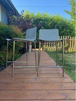 Set of CB2 STRUT Modern Grey Leather Counter Bar Stools with Chrome Base 24”