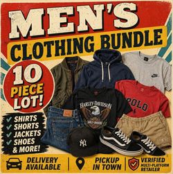 MENS CLOTHING BUNDLE 10 PIECE LOT SHIRTS SHORTS SHOES JACKETS MIX