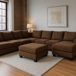 ✅Free Delivery - Brown Sectional Couch + Oversized Ottoman
