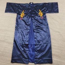 Vintage Golden Dragon Robe XXL Blue Embroidered Lined No Belt 80s 90s Kimono