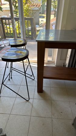 West Elm kitchen island dining bar table stainless with bar stools