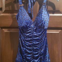 Blue Animal Print Sleeveless Flared Dress Size M