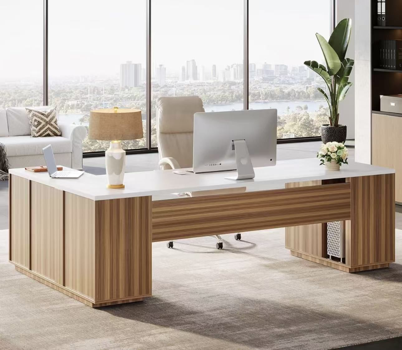 NY271AB 85.8-Inch L-Shaped Executive Desk with File Drawers, Door Cabinet & Shelves, Extra Large Commercial Office Desk, Modern Professional Office Ta