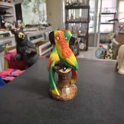 Hand Carved & Hand-painted Colorful Wooden Tropical Macaws Perched On A Tree Stump-Tropical Folk Art 7.25"H