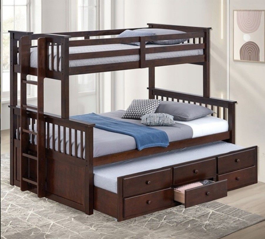 Brand New Dark Walnut Twin Over Full Bunk Bed W Trundle Bed + Drawers 