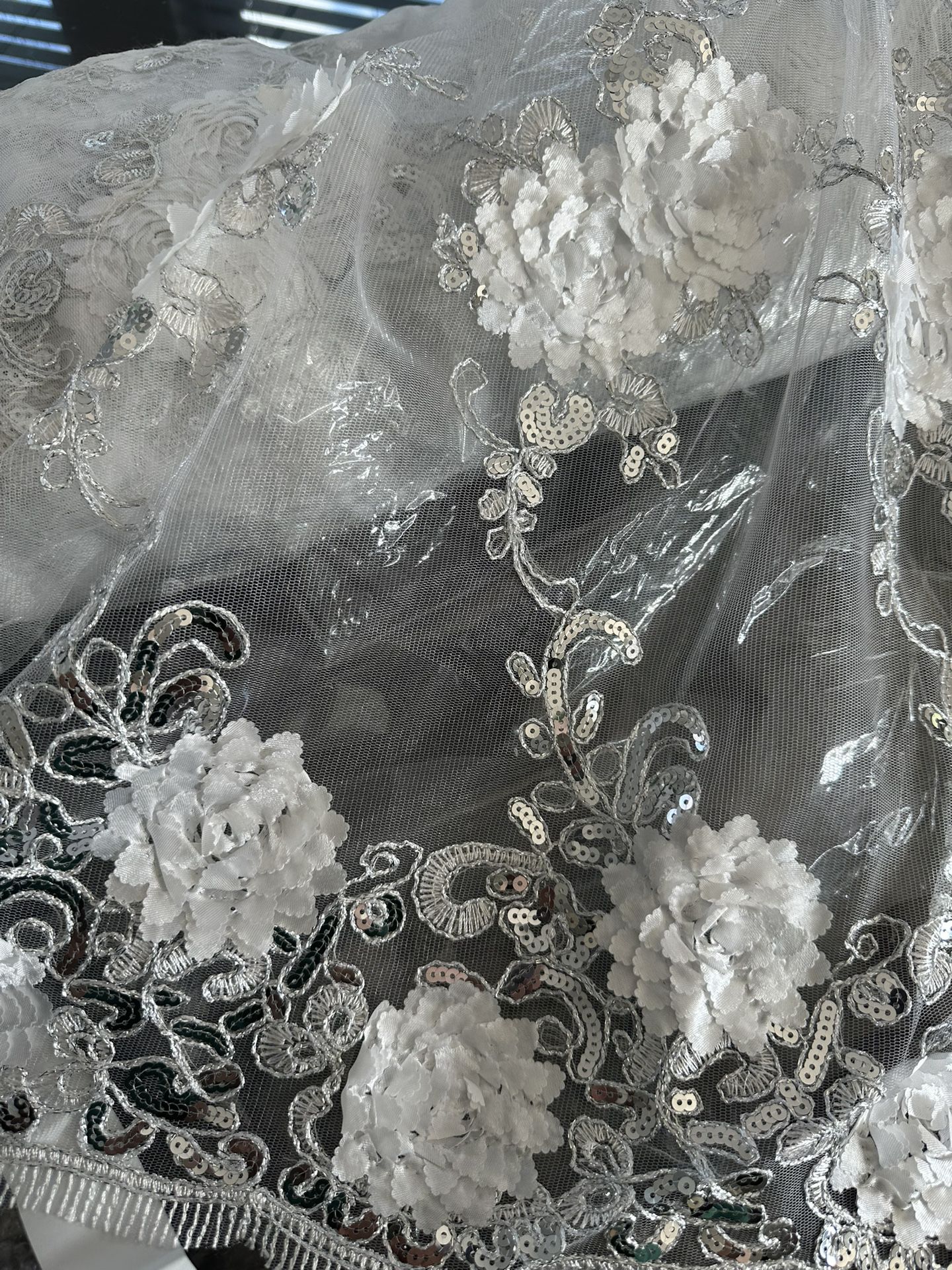 White color/ 3D Floral Embroidery with silver  Foil & Sequins on Mesh Lace.