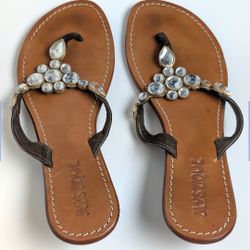 Mystique Women’s Leather Sandals Black Jeweled Crystal Slip-On Size 9