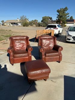 Large Comfortable Leather Chairs & Foot Stool