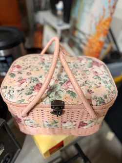 Pink Wicker Sewing Basket with Floral Lid