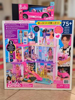 Barbie Dreamhouse Playset 75+ Pieces with Hot wheels remote corvette