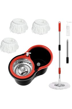 Spin Mop and Bucket with Wringer Set, 360° Rotating Head Mop Bucket System, 4 Microfiber Mop Heads for Floor Cleaning (Black & Red)