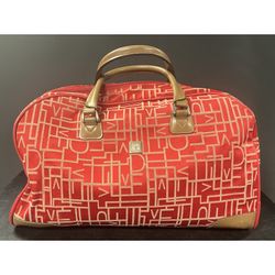 Red and tan Diane von Furstenberg (DVF) canvas duffel or weekender travel bag