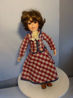 Vintage Collectible Porcelain Doll – Red Plaid Dress
