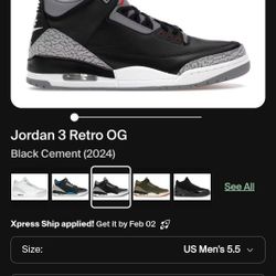 Jordan 3 Retro OG Black Cement 
Used
Kids Size  5.5Y
Men's  size  5.5y
Women's size 7